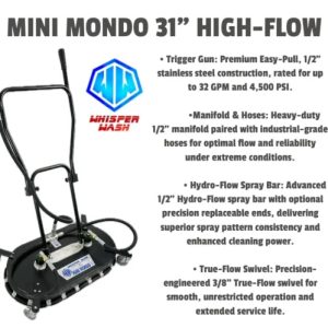 High Flow Mini Mondo 31″ Surface Cleaner Upgraded 1/2″ ID Hose, Inline Gun Choose Handle Type